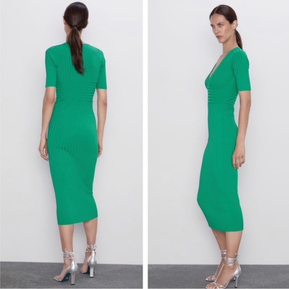 NWT. Zara Green Ribbed Knit Midi Dress. Size M - Picture 2 of 8